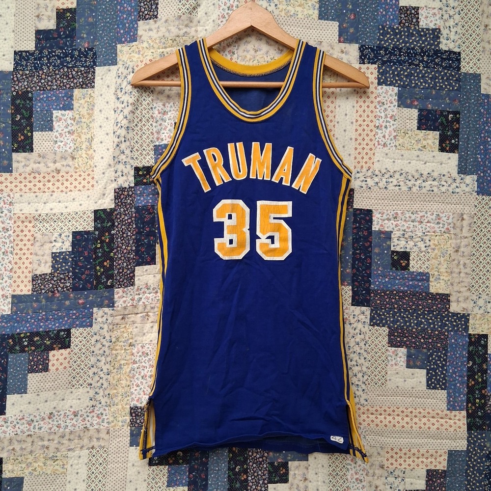 True Vintage TRUMAN 35 Basketball Jersey Size 42 Blue with Yellow Stripe Trim